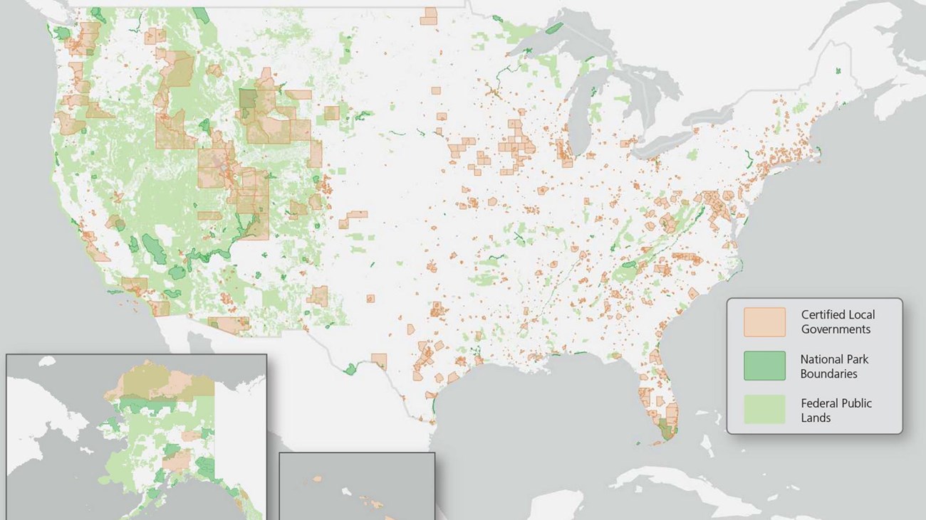 Map of the USA showing CLGs, National Parks, and federal public lands. 